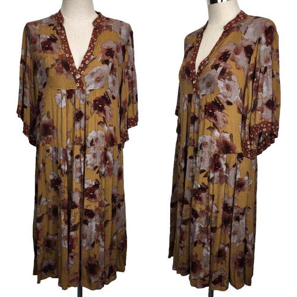 Uncle Frank‎ Tiered Midi Shift Dress M Umber Rust Red V Neck Relaxed Bohemian